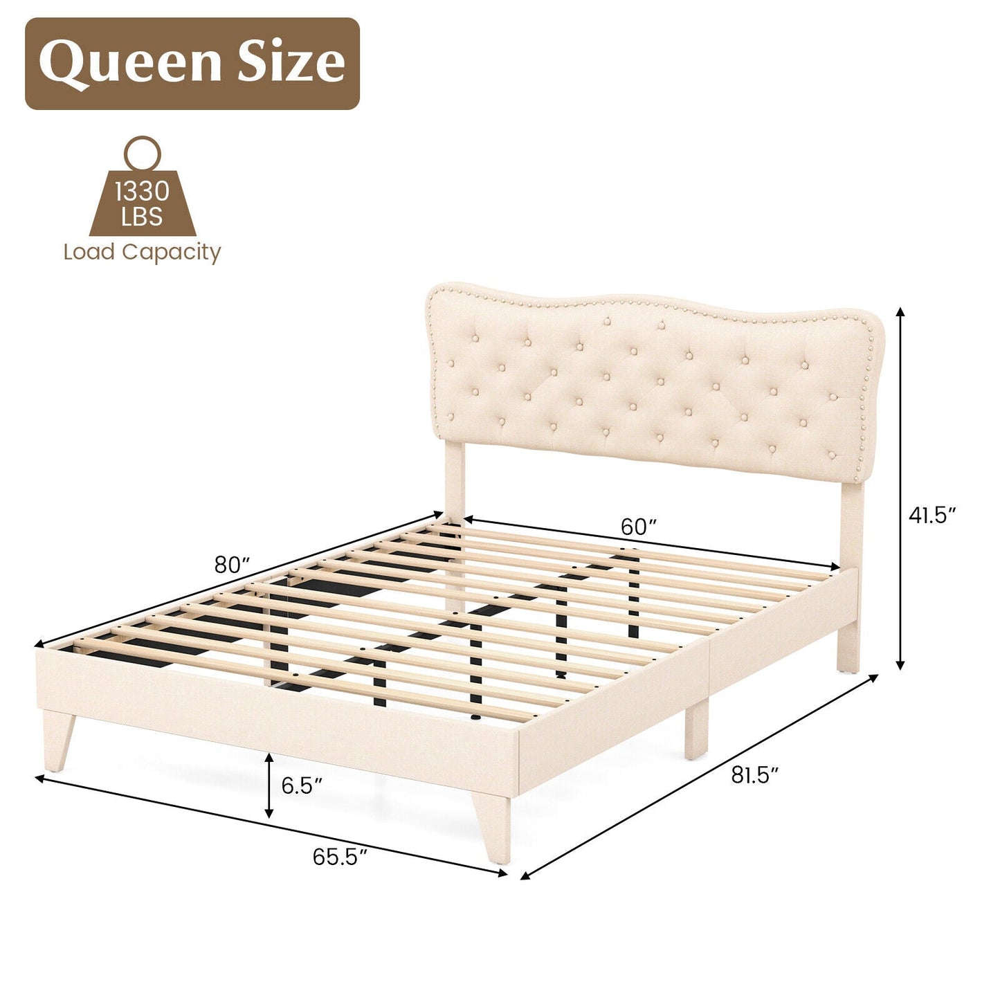 Full Size Bed Frame with Nail Headboard and Wooden Slats