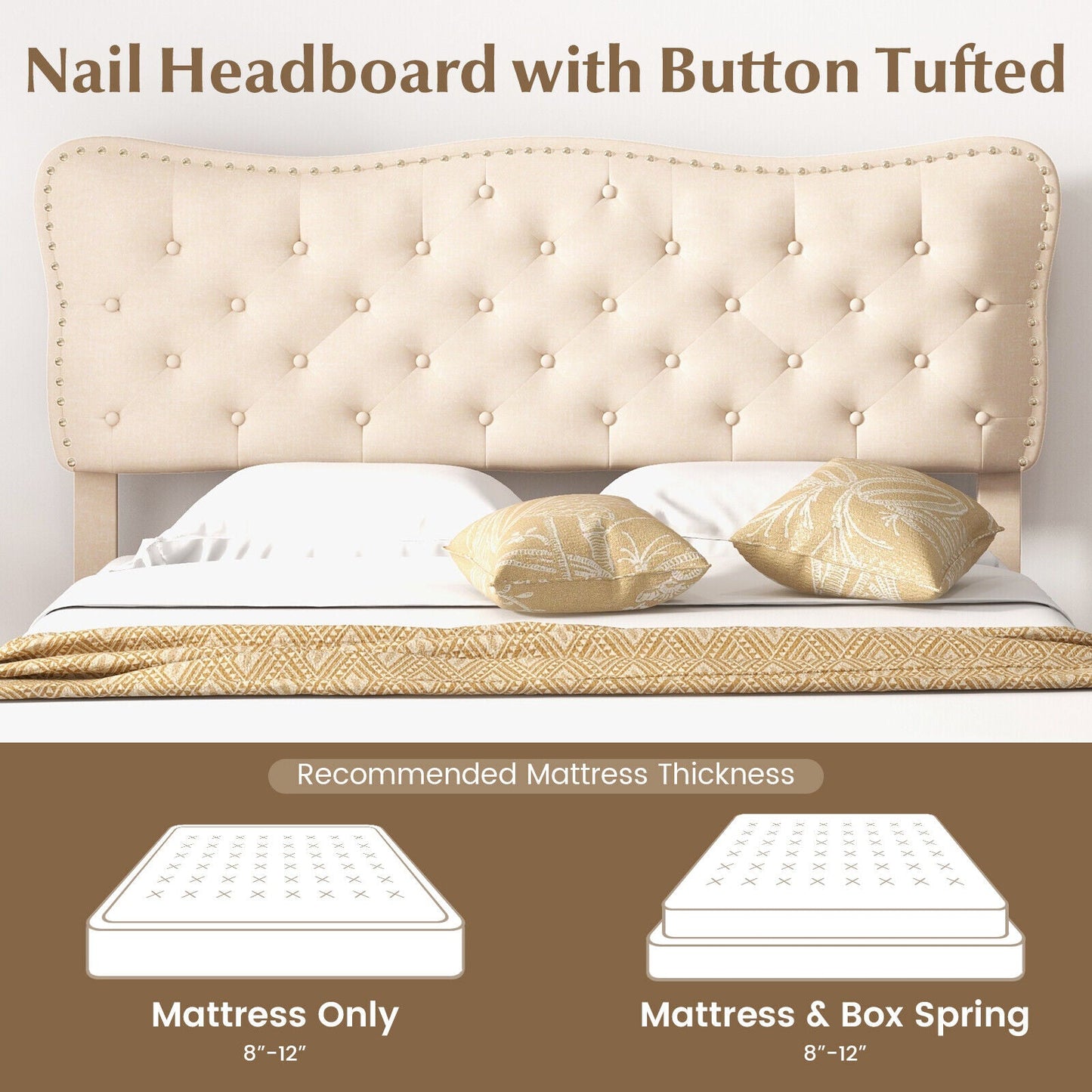 Full Size Bed Frame with Nail Headboard and Wooden Slats