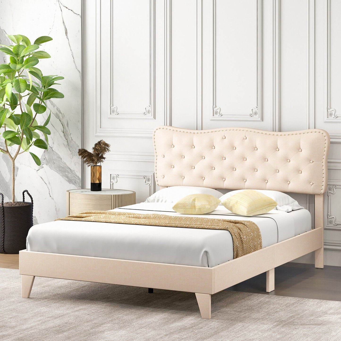 Full Size Bed Frame with Nail Headboard and Wooden Slats