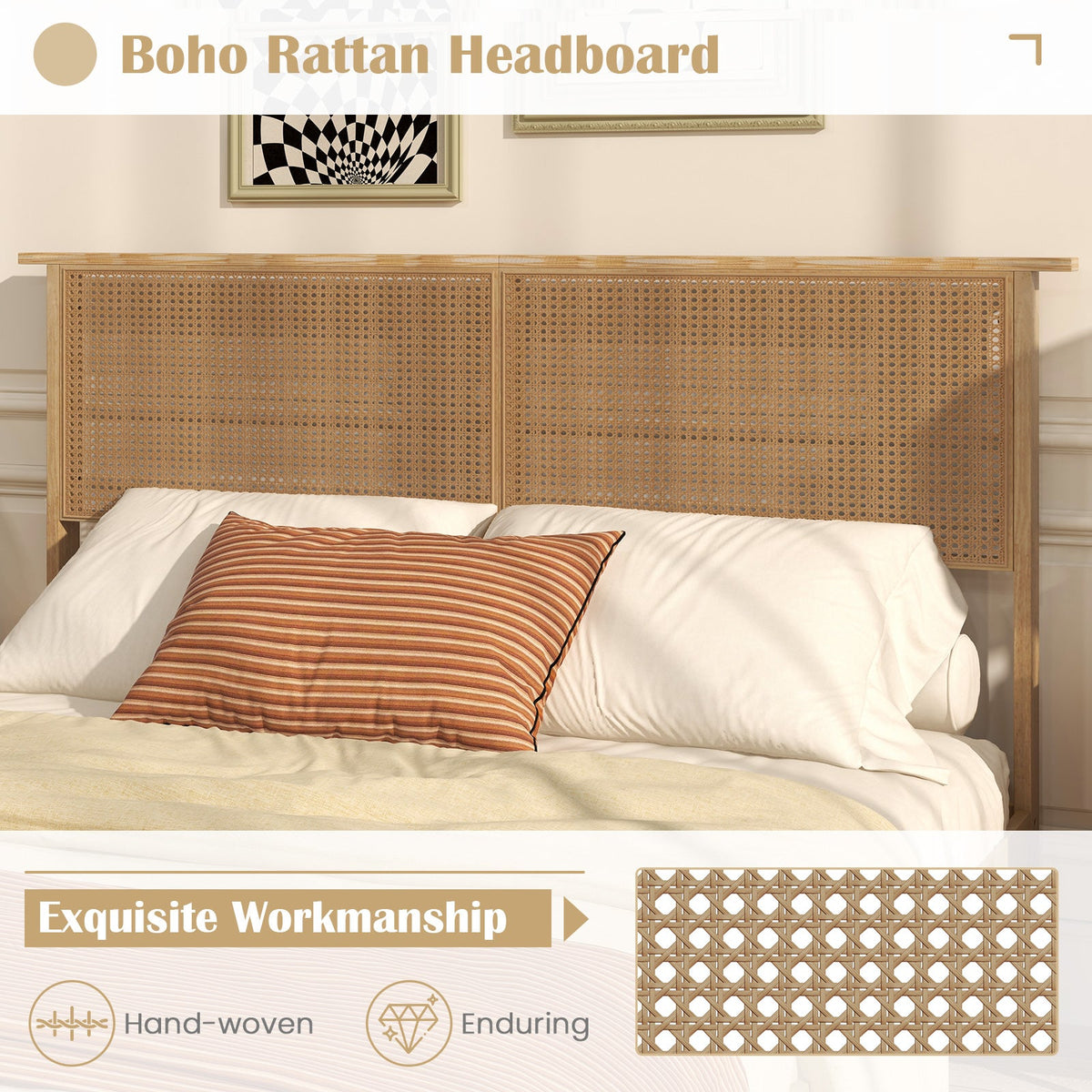 Twin/Full/Queen Size Bed Frame with Rattan Headboard