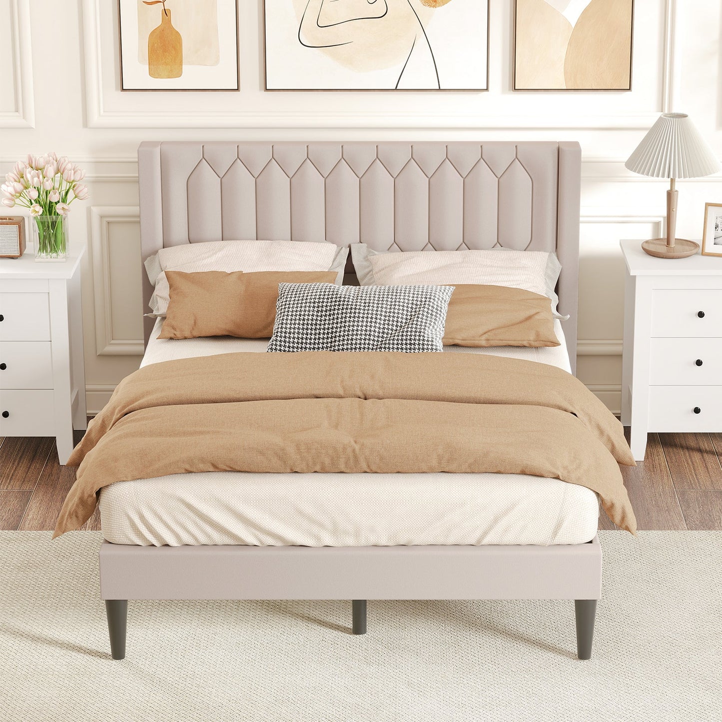 Queen Size Dutch Velvet/Linen Fabric Upholstered Platform Bed with Wingback Headboard and Wooden Slat Support