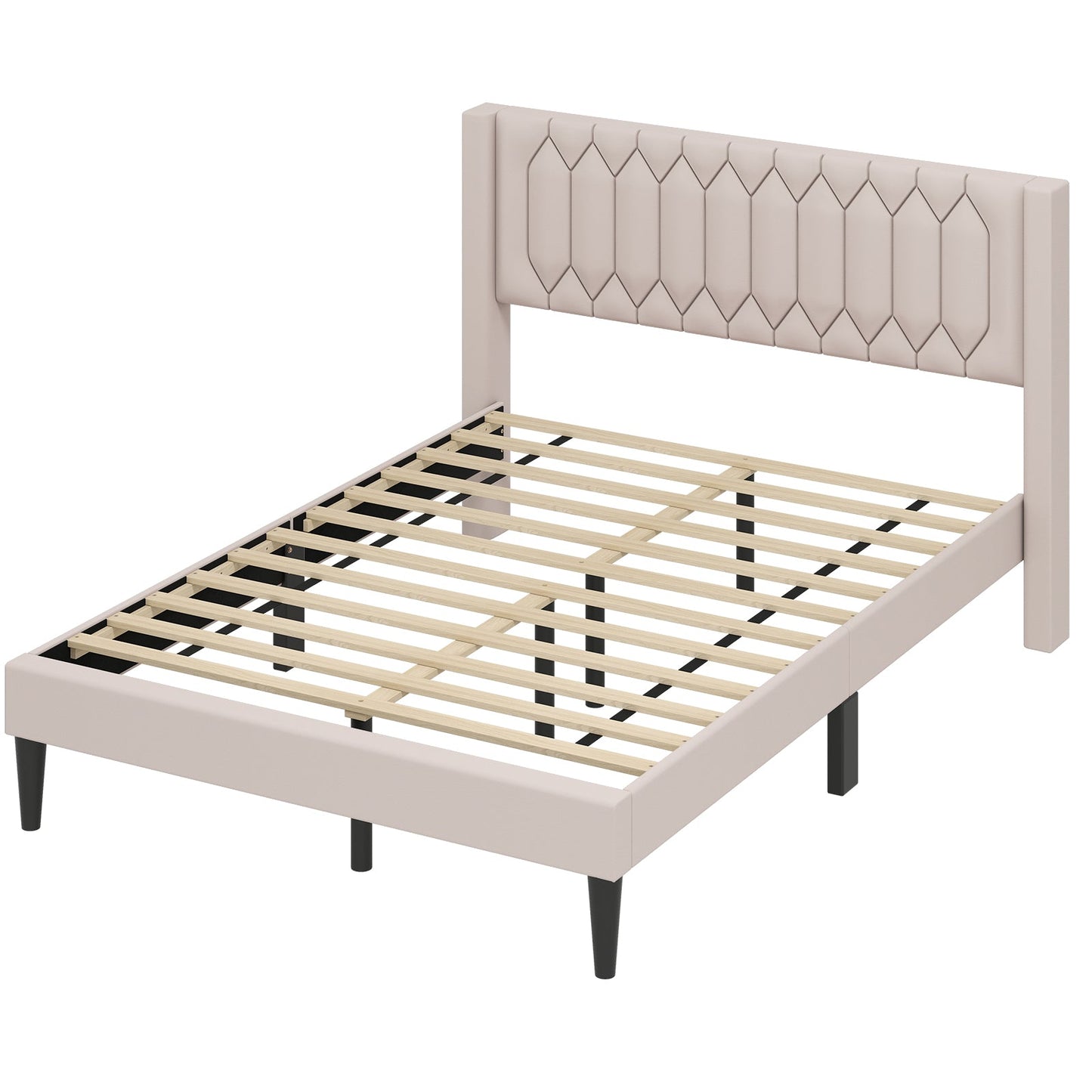 Queen Size Dutch Velvet/Linen Fabric Upholstered Platform Bed with Wingback Headboard and Wooden Slat Support
