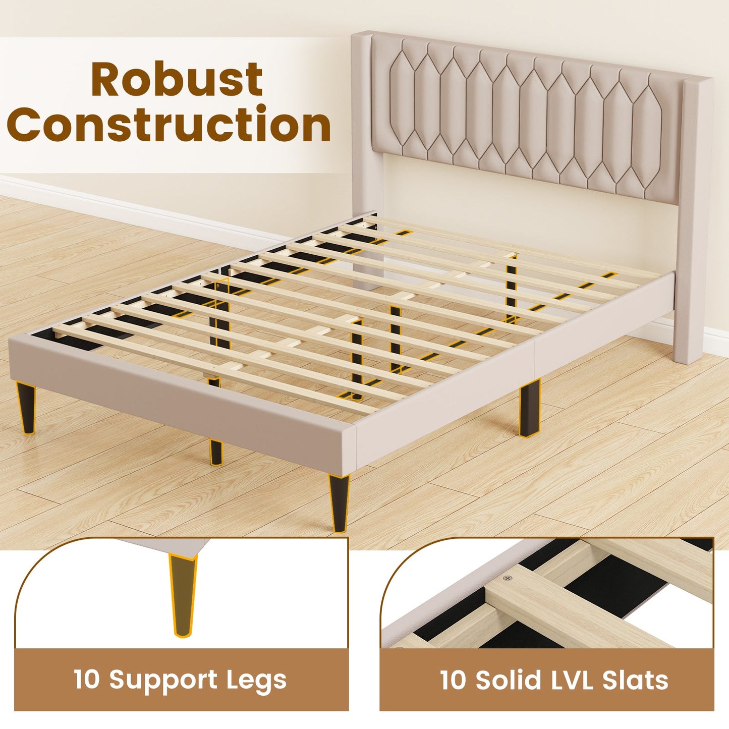 Queen Size Dutch Velvet/Linen Fabric Upholstered Platform Bed with Wingback Headboard and Wooden Slat Support
