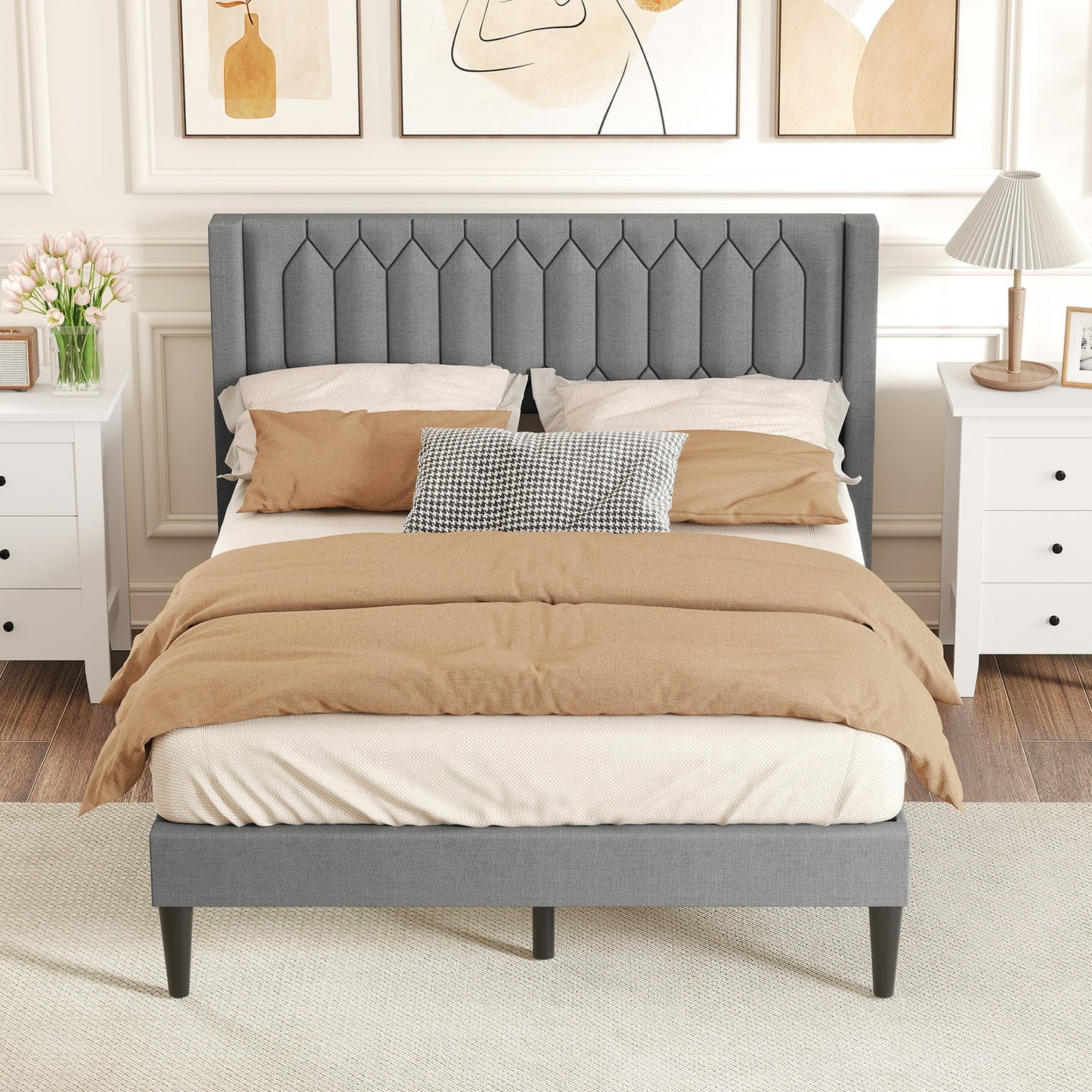 Queen Size Dutch Velvet/Linen Fabric Upholstered Platform Bed with Wingback Headboard and Wooden Slat Support