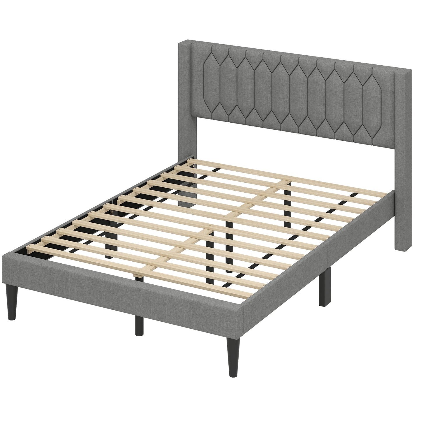 Queen Size Dutch Velvet/Linen Fabric Upholstered Platform Bed with Wingback Headboard and Wooden Slat Support