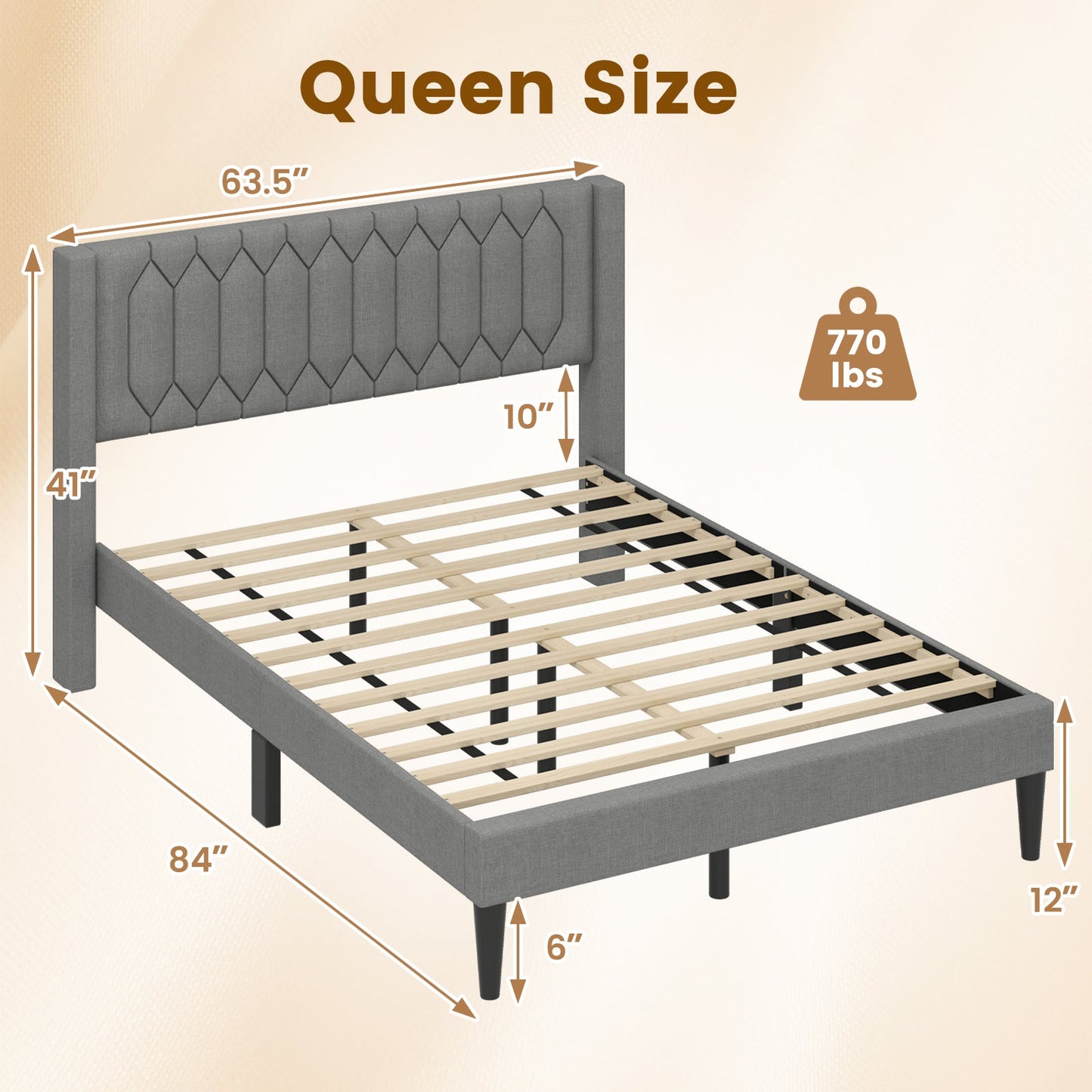 Queen Size Dutch Velvet/Linen Fabric Upholstered Platform Bed with Wingback Headboard and Wooden Slat Support