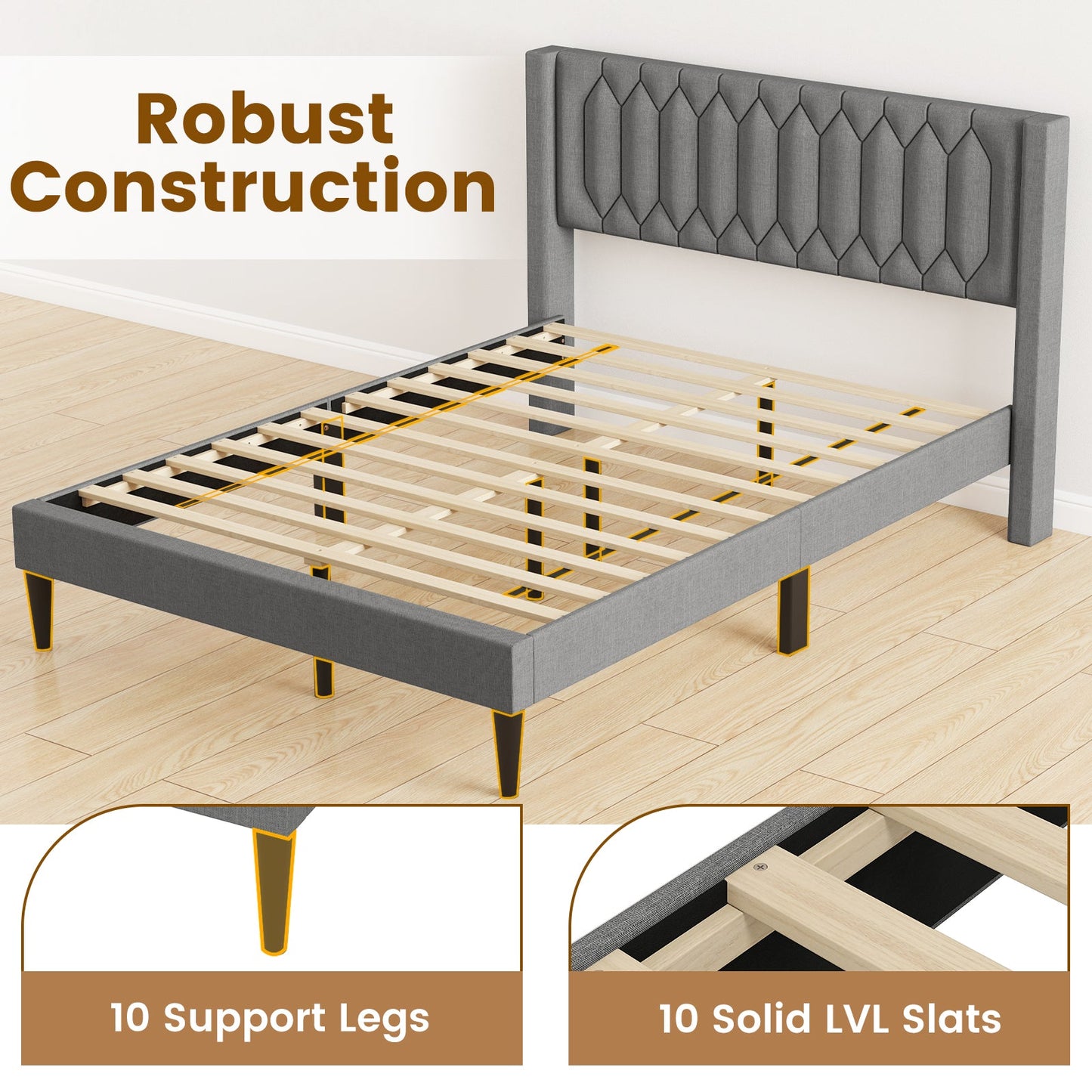 Queen Size Dutch Velvet/Linen Fabric Upholstered Platform Bed with Wingback Headboard and Wooden Slat Support