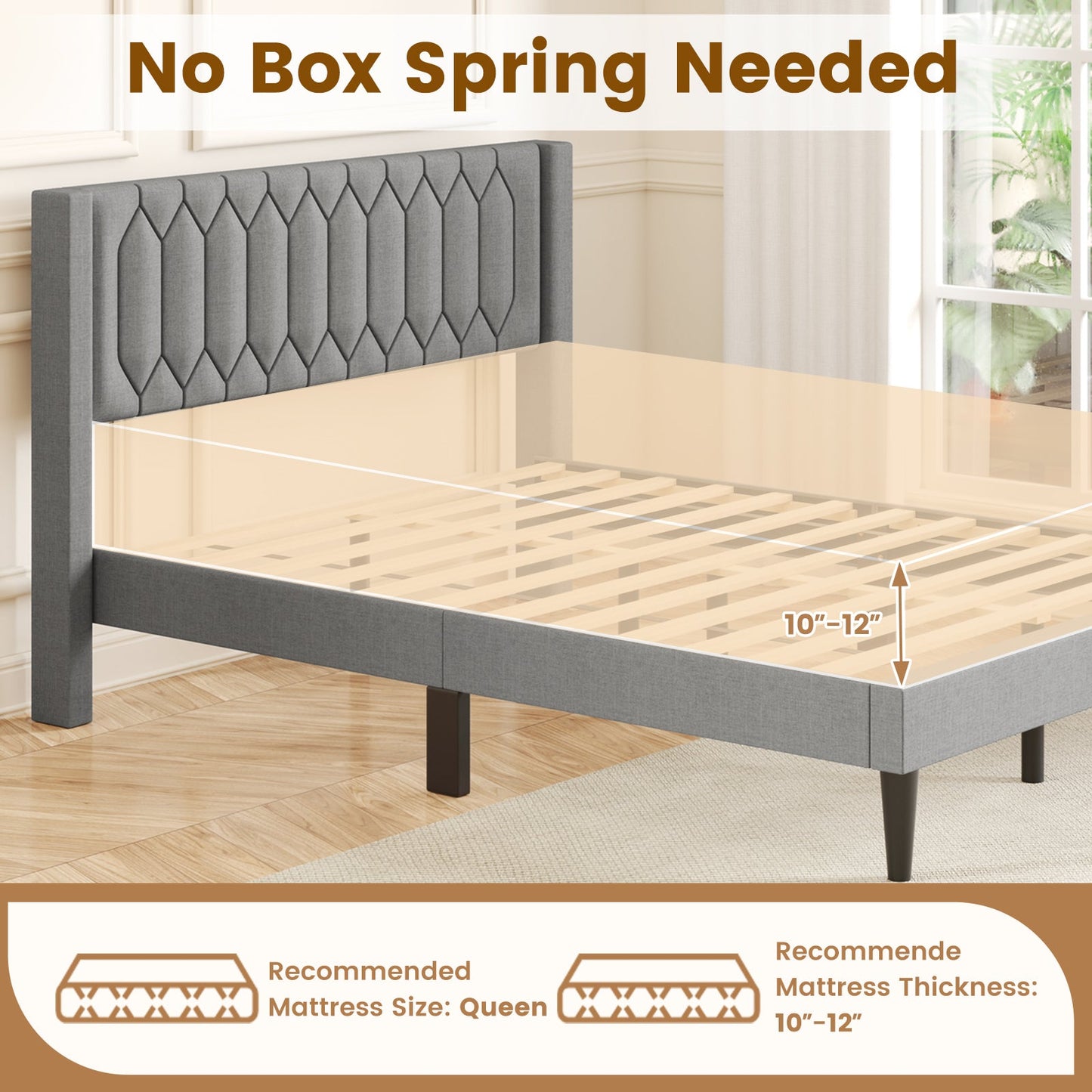 Queen Size Dutch Velvet/Linen Fabric Upholstered Platform Bed with Wingback Headboard and Wooden Slat Support