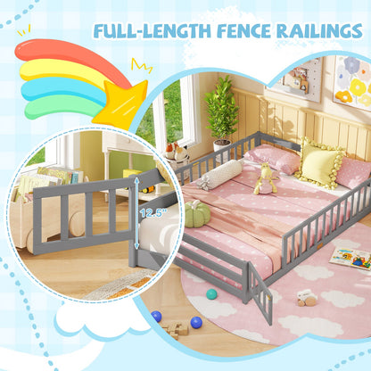 Queen Size Floor Bed Kids Montessori Bed Frame with Full Length Safety Guardrails