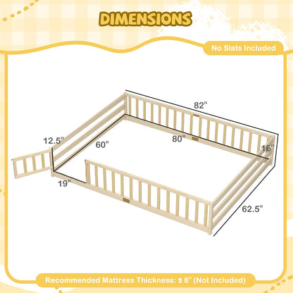 Queen Size Floor Bed Kids Montessori Bed Frame with Full Length Safety Guardrails