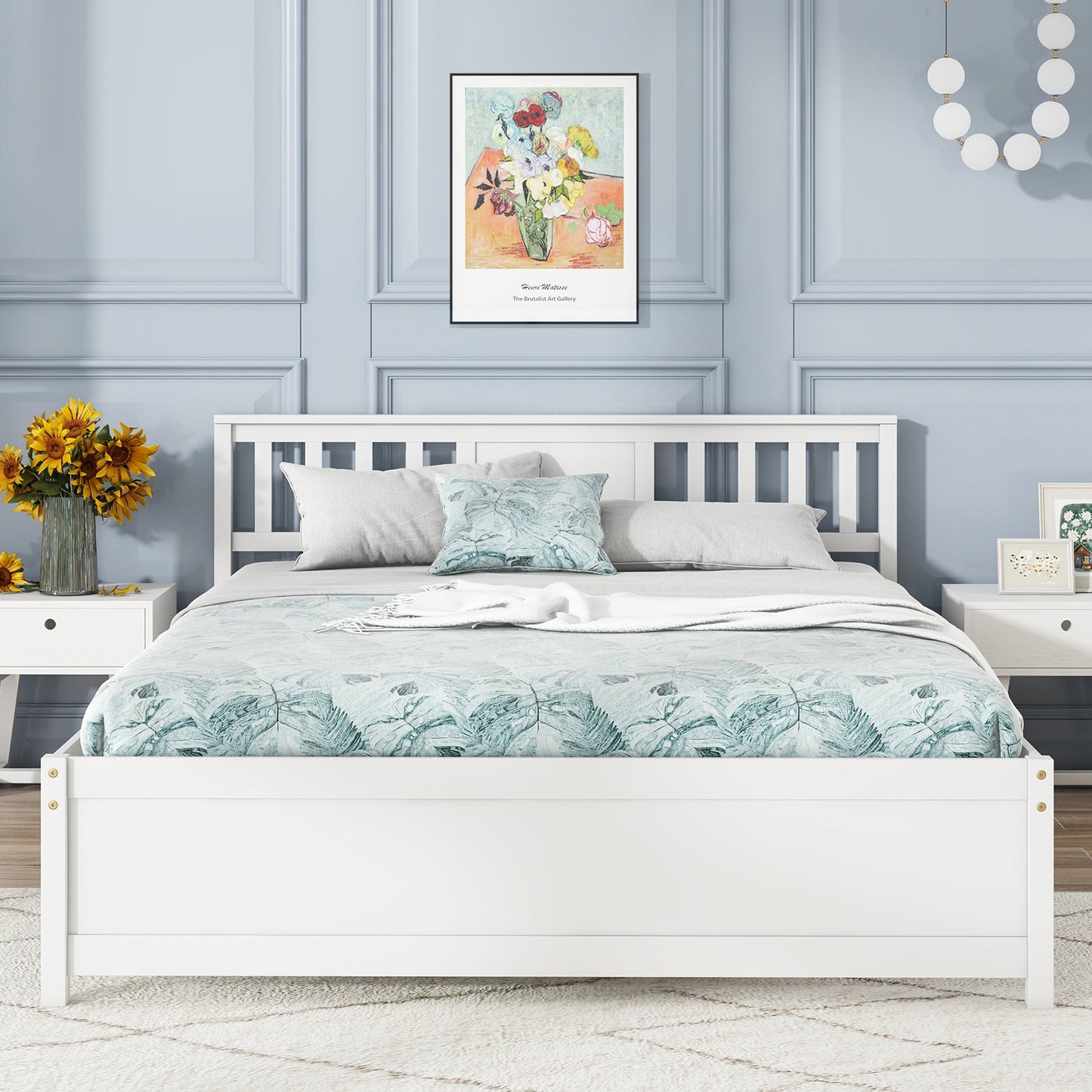 Wooden Platform Bed with Headboard and Wood Slat Support White