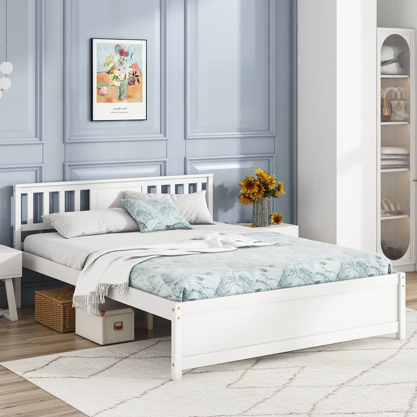 Wooden Platform Bed with Headboard and Wood Slat Support White