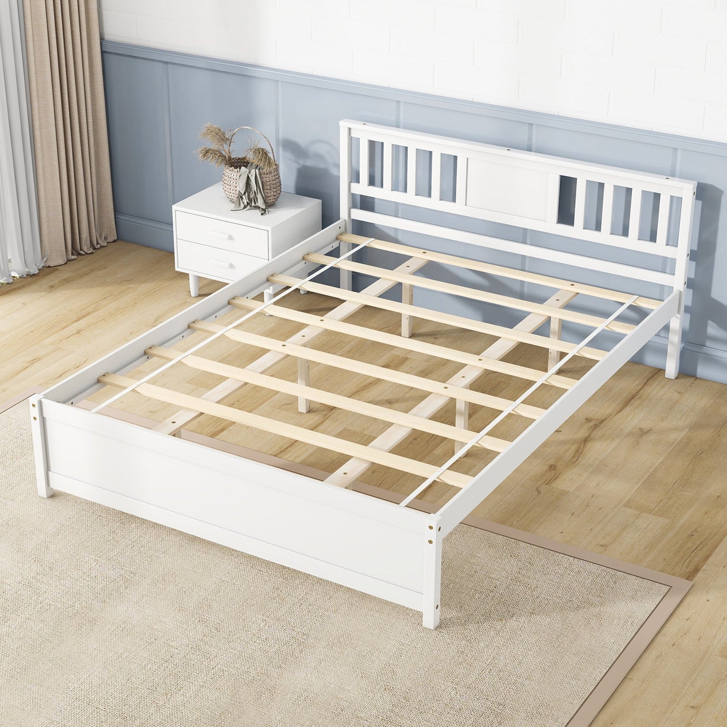 Wooden Platform Bed with Headboard and Wood Slat Support White