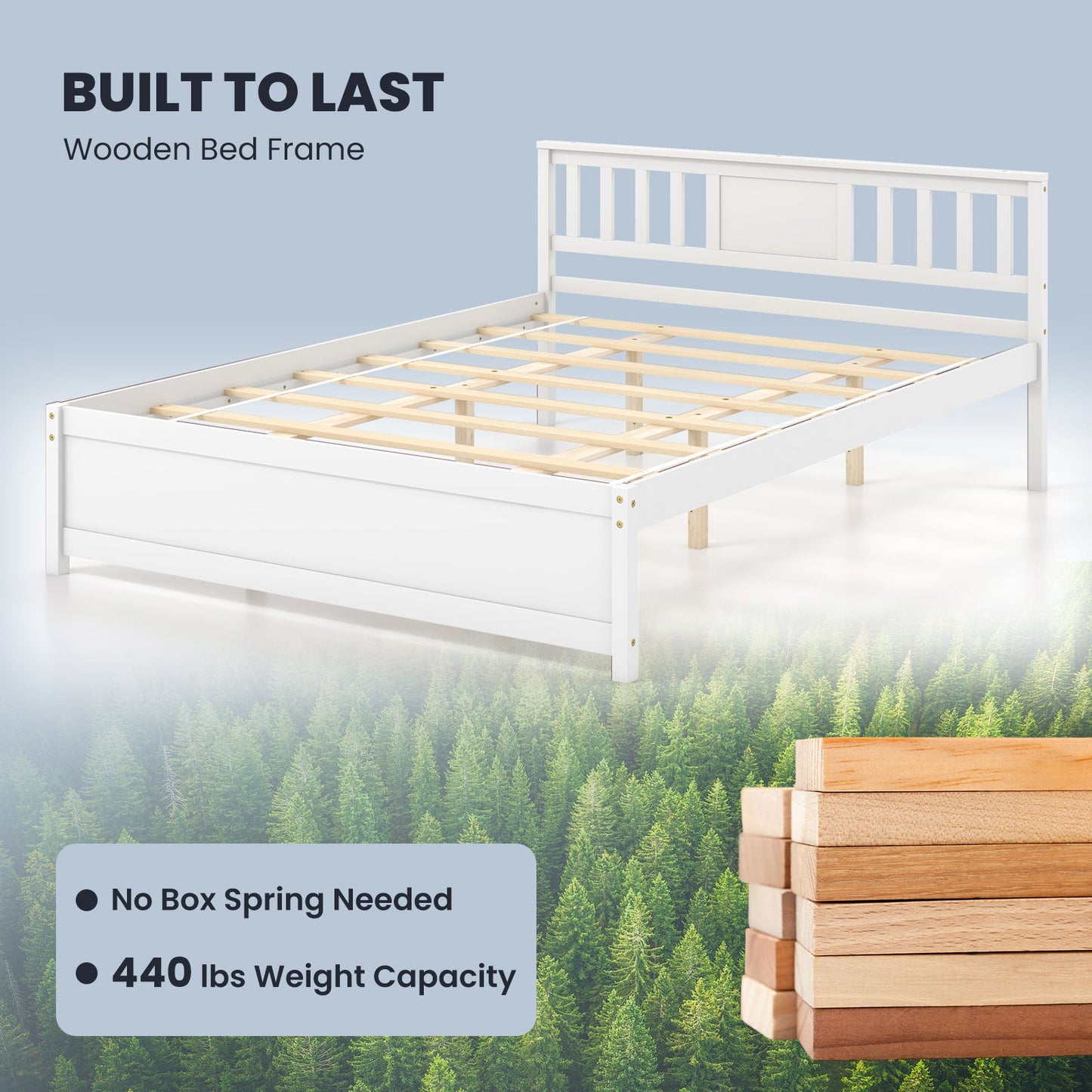 Wooden Platform Bed with Headboard and Wood Slat Support White
