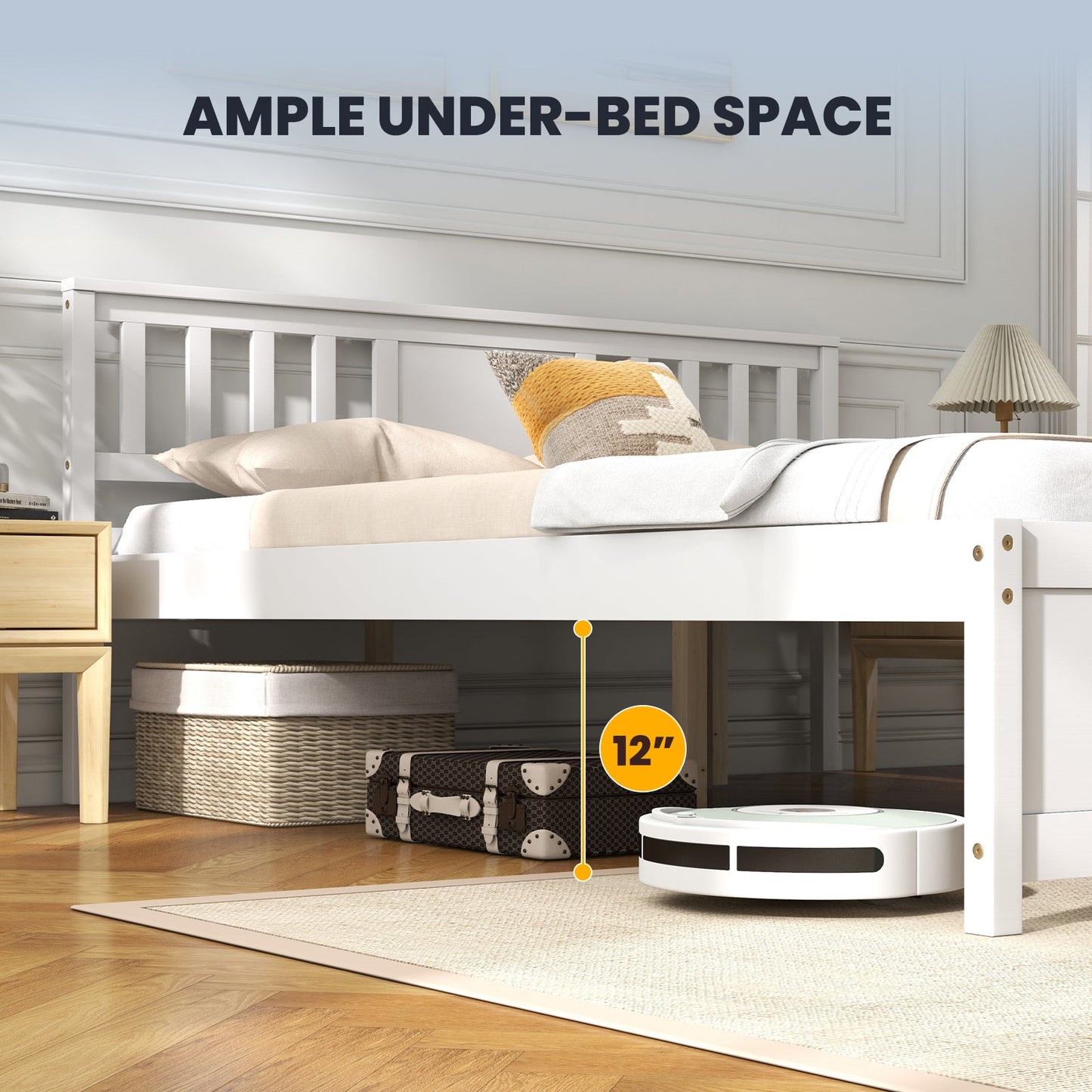 Wooden Platform Bed with Headboard and Wood Slat Support White