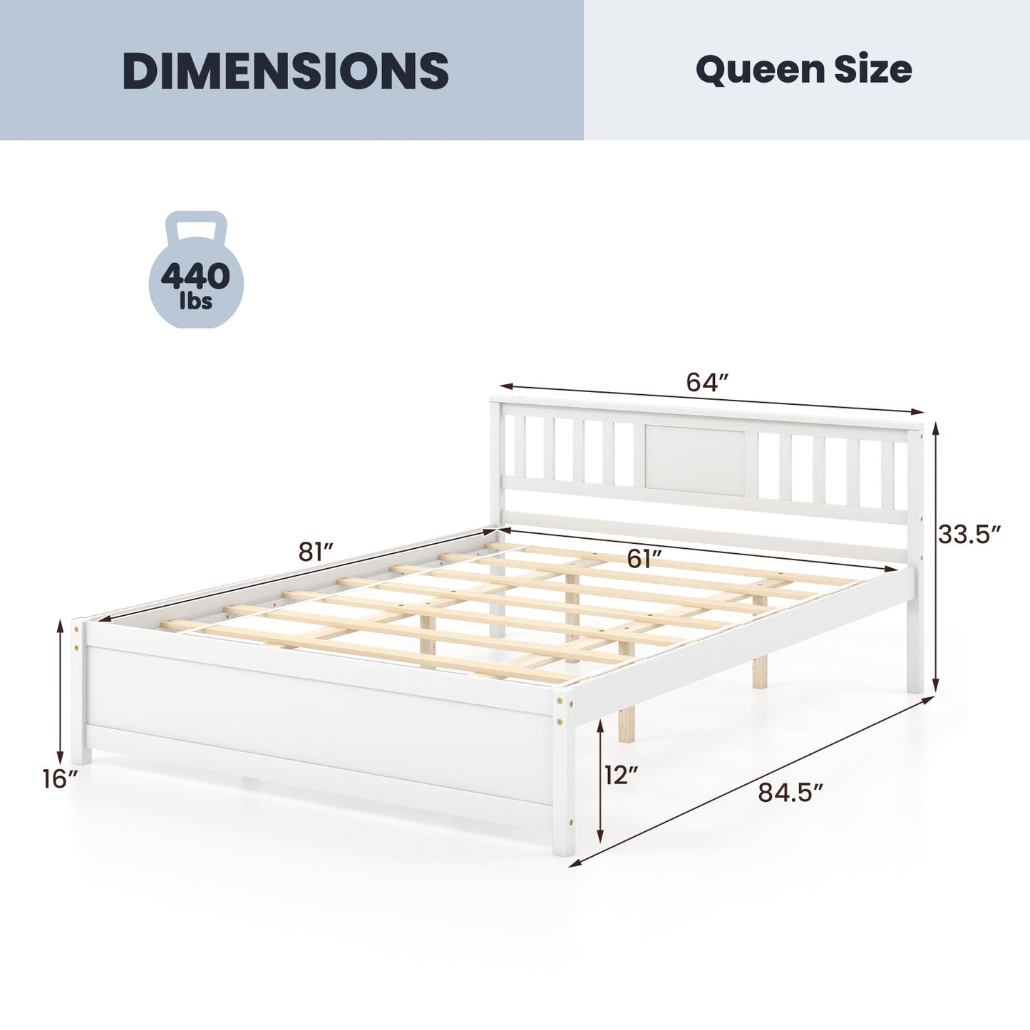 Wooden Platform Bed with Headboard and Wood Slat Support White