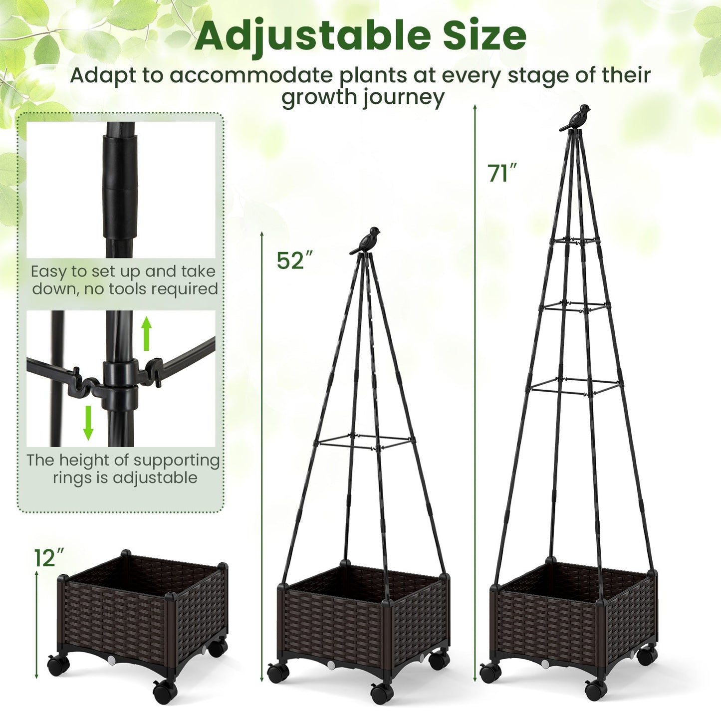 Raised Garden Bed Adjustable with Plant Box and Trellis with Lockable Wheels