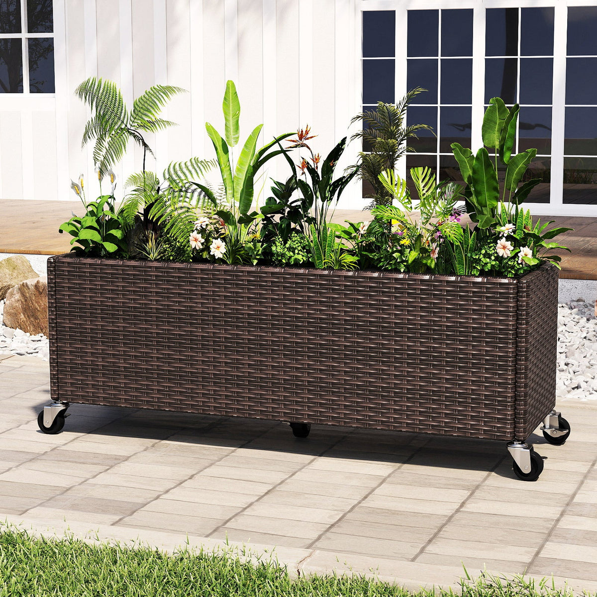 Raised Garden Bed PE Rattan Wicker Patio Planter Box with Wheels and Liner