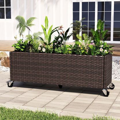 Raised Garden Bed PE Rattan Wicker Patio Planter Box with Wheels and Liner