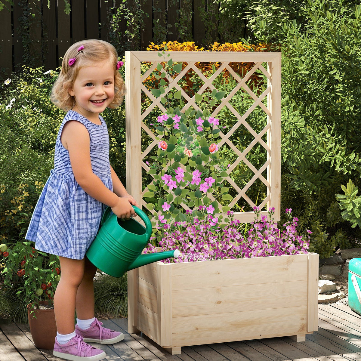 Raised Garden Bed Wooden Elevated Planter Box with Lattice Trellis-S