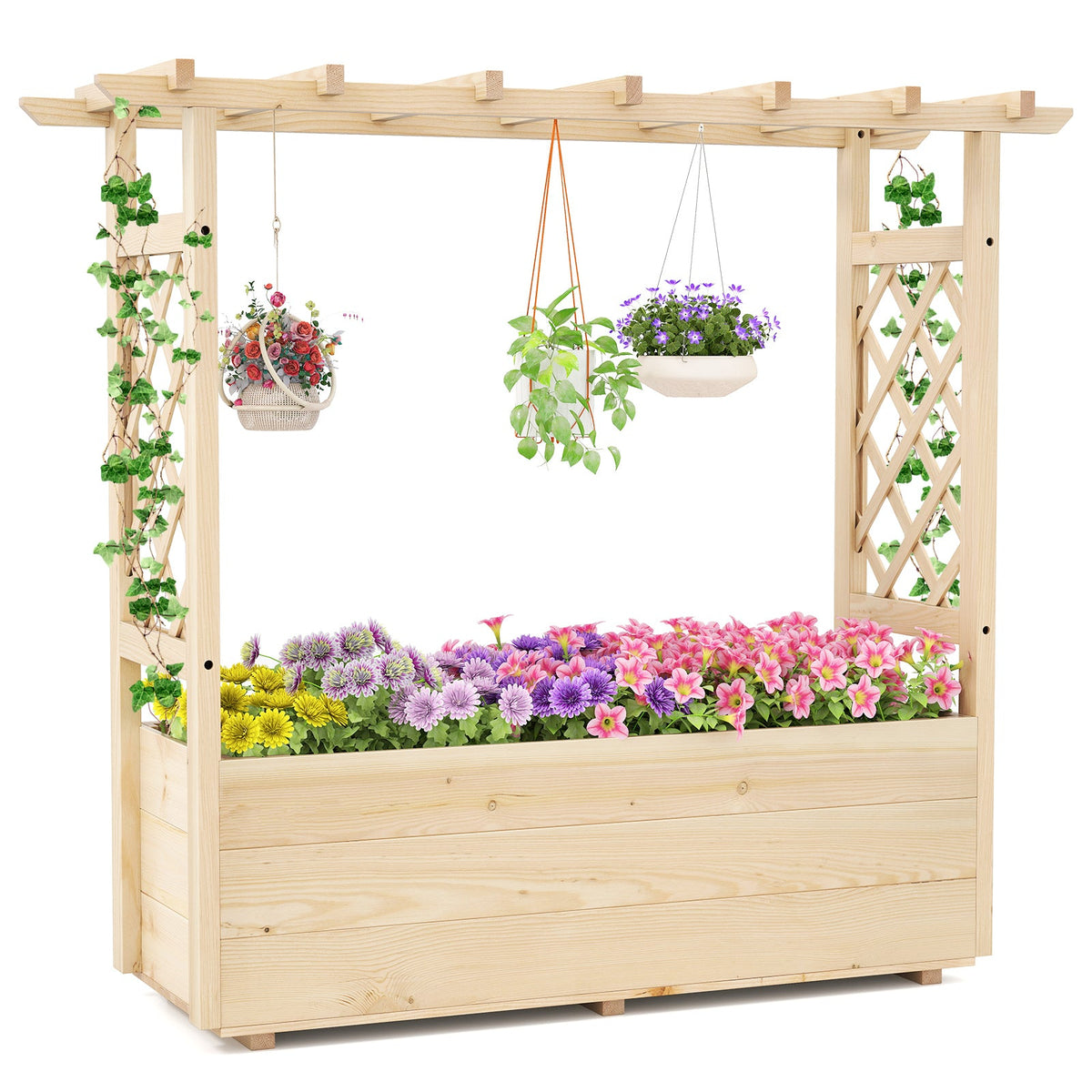 Raised Garden Bed Wooden Elevated Planter Box with Hanging Roof-L