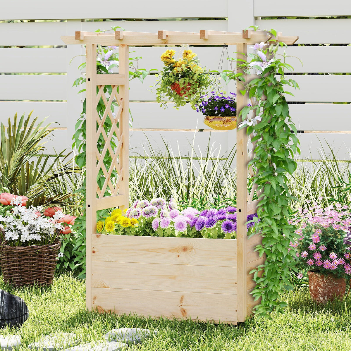 Raised Garden Bed Wooden Elevated Planter Box with Hanging Roof-S