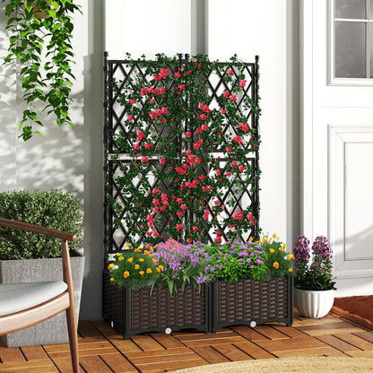 Raised Garden Bed with Lattice Trellis Drainage Self-Watering Elevated Vertical Planter Boxes-Black