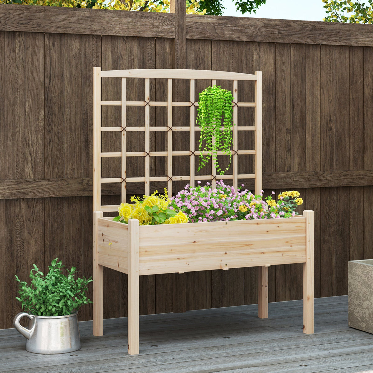 Raised Garden Bed with Lattice Trellis and Drainage Holes Elevated-Natural