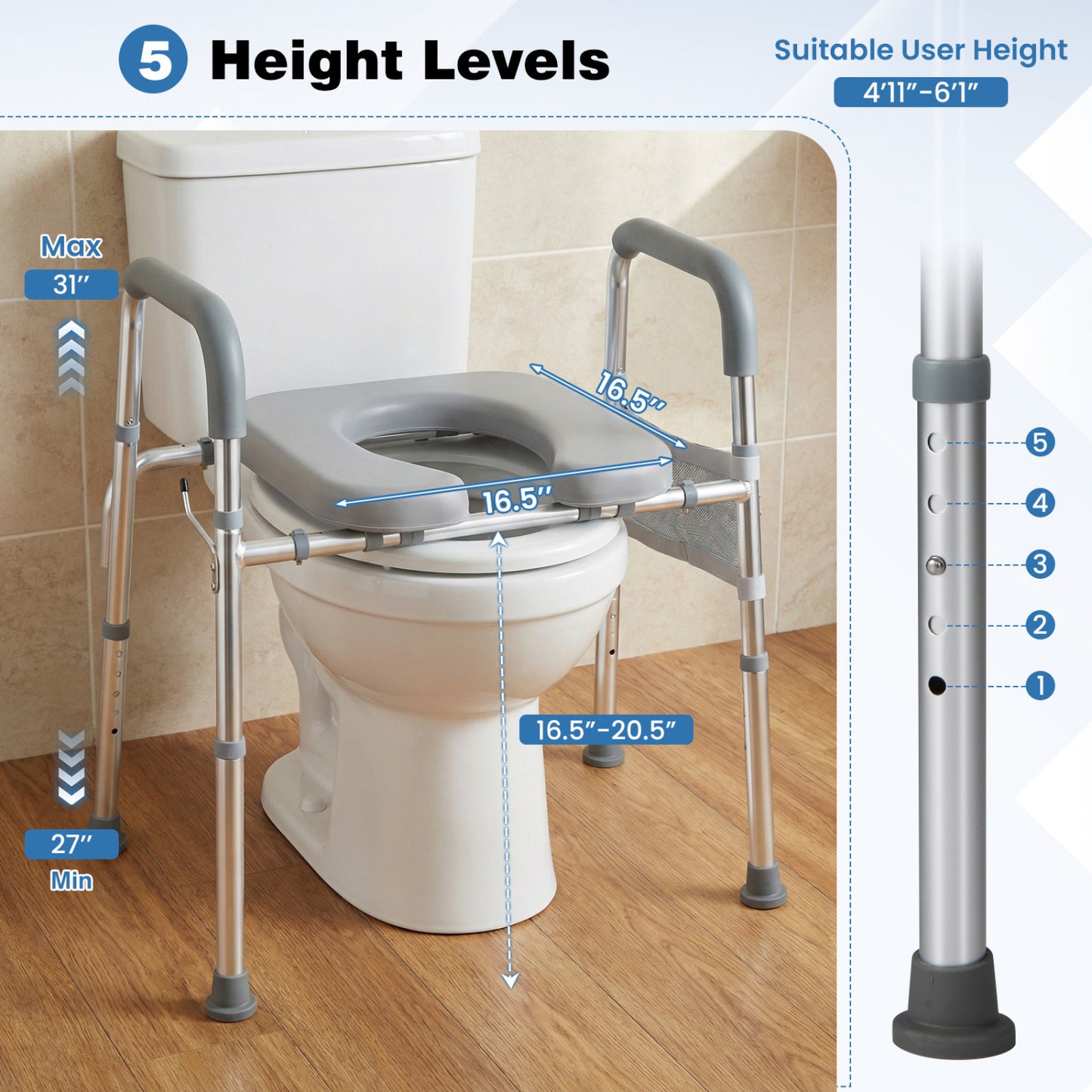 Raised Toilet Seat with Padded Handles and Adjustable Height