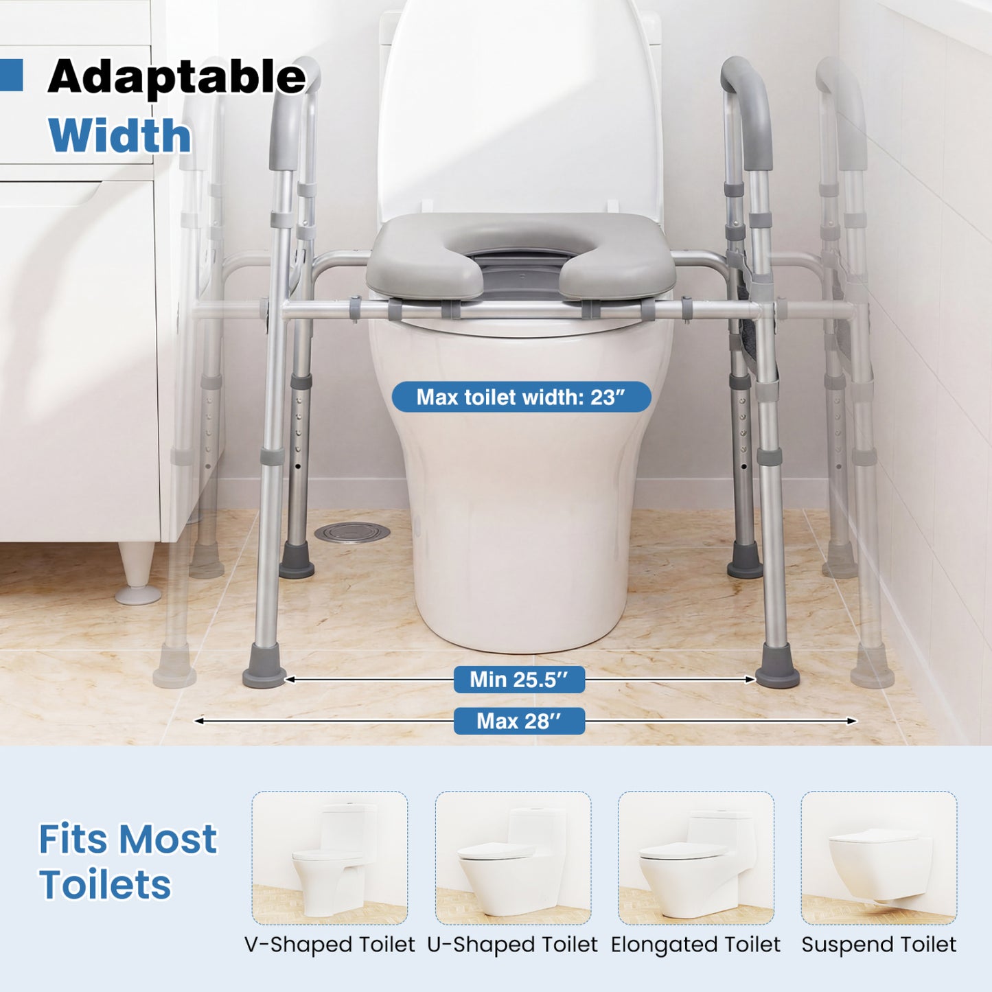 Raised Toilet Seat with Padded Handles and Adjustable Height