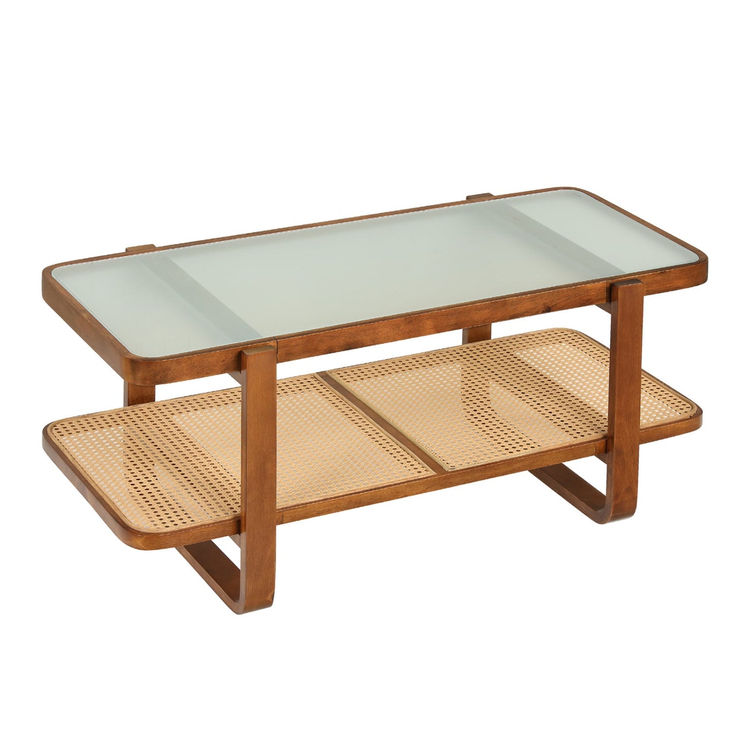 Rattan Coffee Table with Tempered Glass Top and Storage Shelf