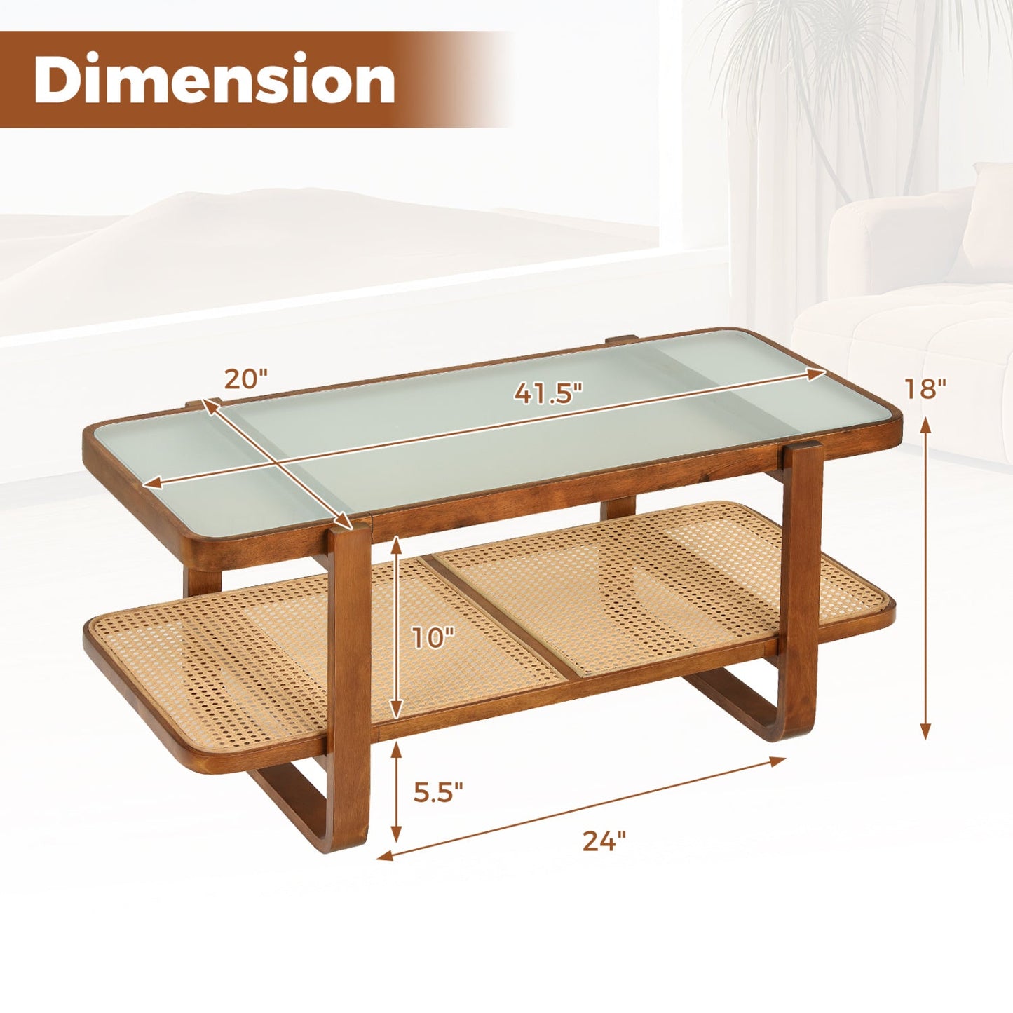 Rattan Coffee Table with Tempered Glass Top and Storage Shelf