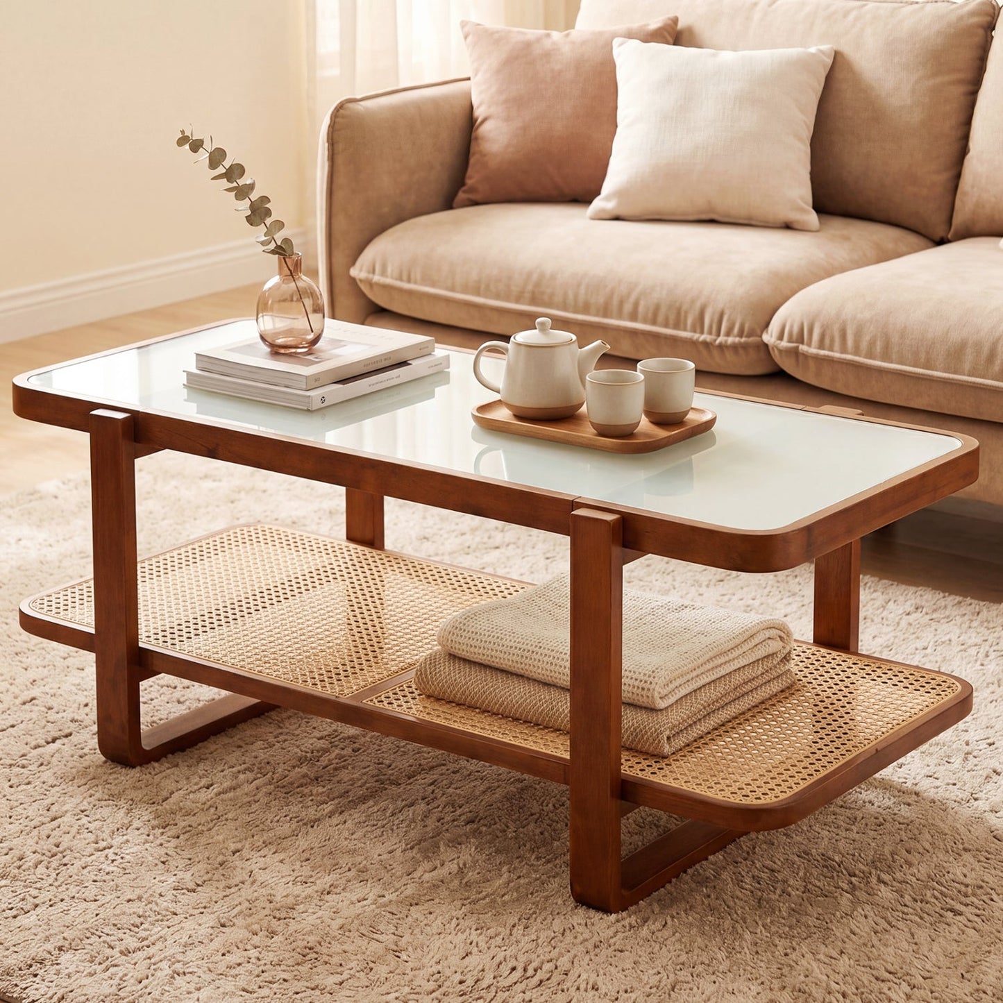 Rattan Coffee Table with Tempered Glass Top and Storage Shelf