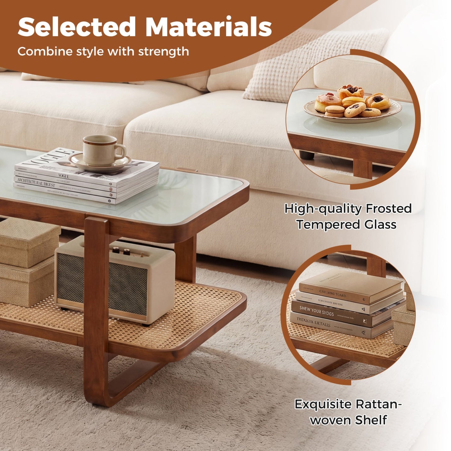 Rattan Coffee Table with Tempered Glass Top and Storage Shelf