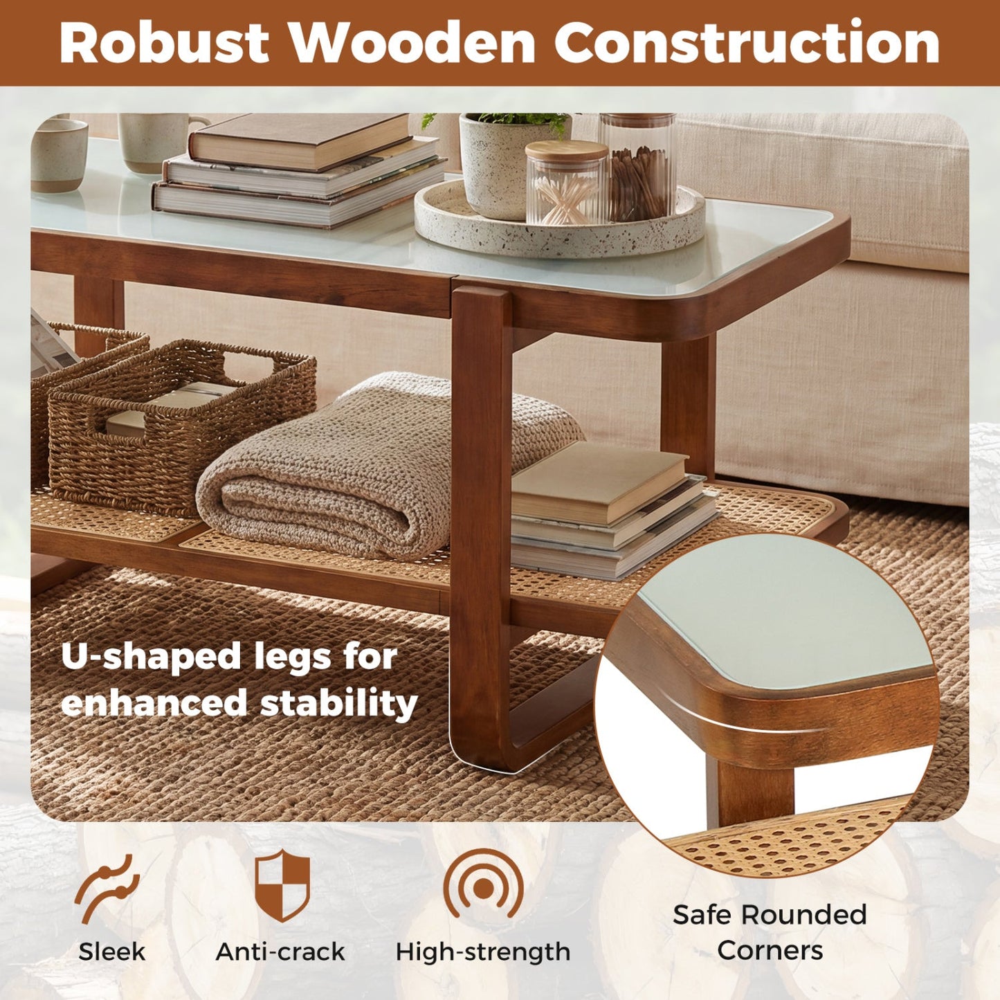 Rattan Coffee Table with Tempered Glass Top and Storage Shelf
