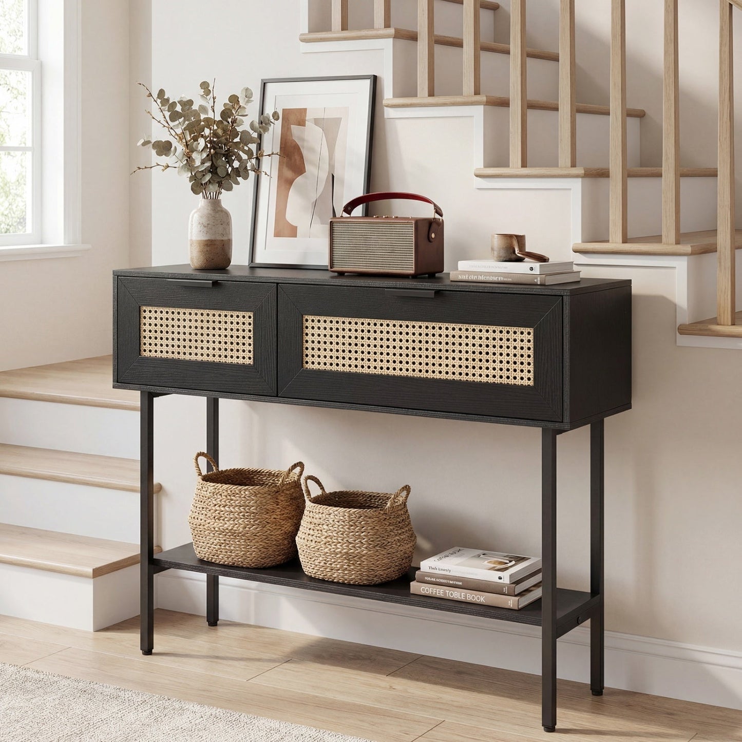 Rattan Console Table with 2 Storage Cabinets Shelf Carbon Steel Frame
