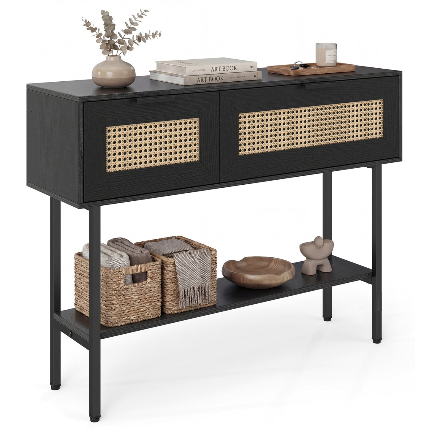 Rattan Console Table with 2 Storage Cabinets Shelf Carbon Steel Frame
