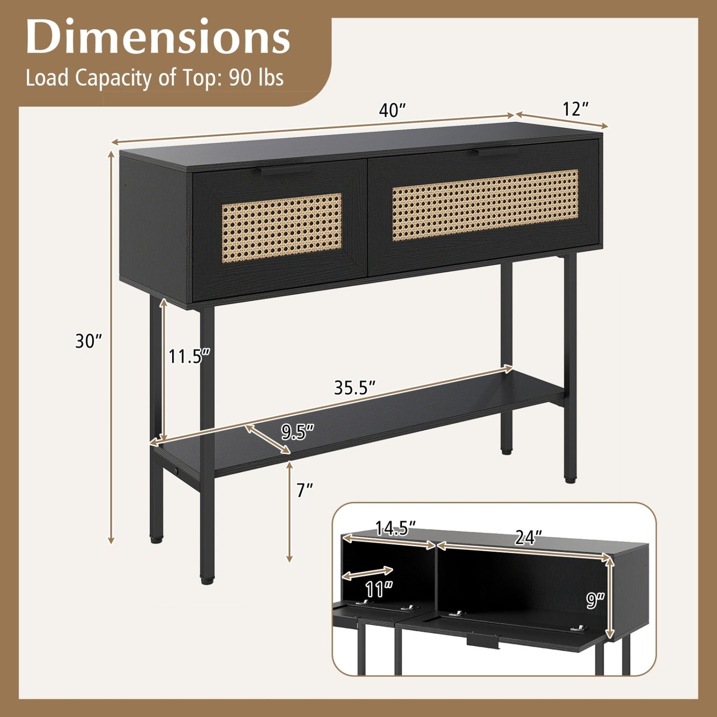 Rattan Console Table with 2 Storage Cabinets Shelf Carbon Steel Frame