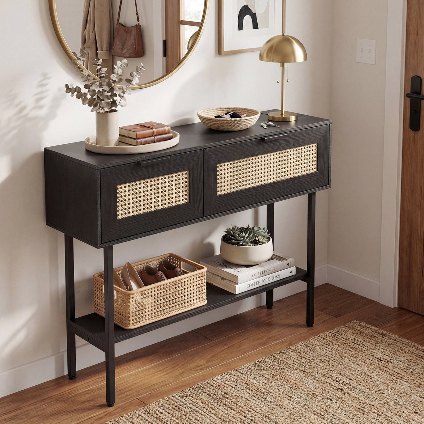 Rattan Console Table with 2 Storage Cabinets Shelf Carbon Steel Frame