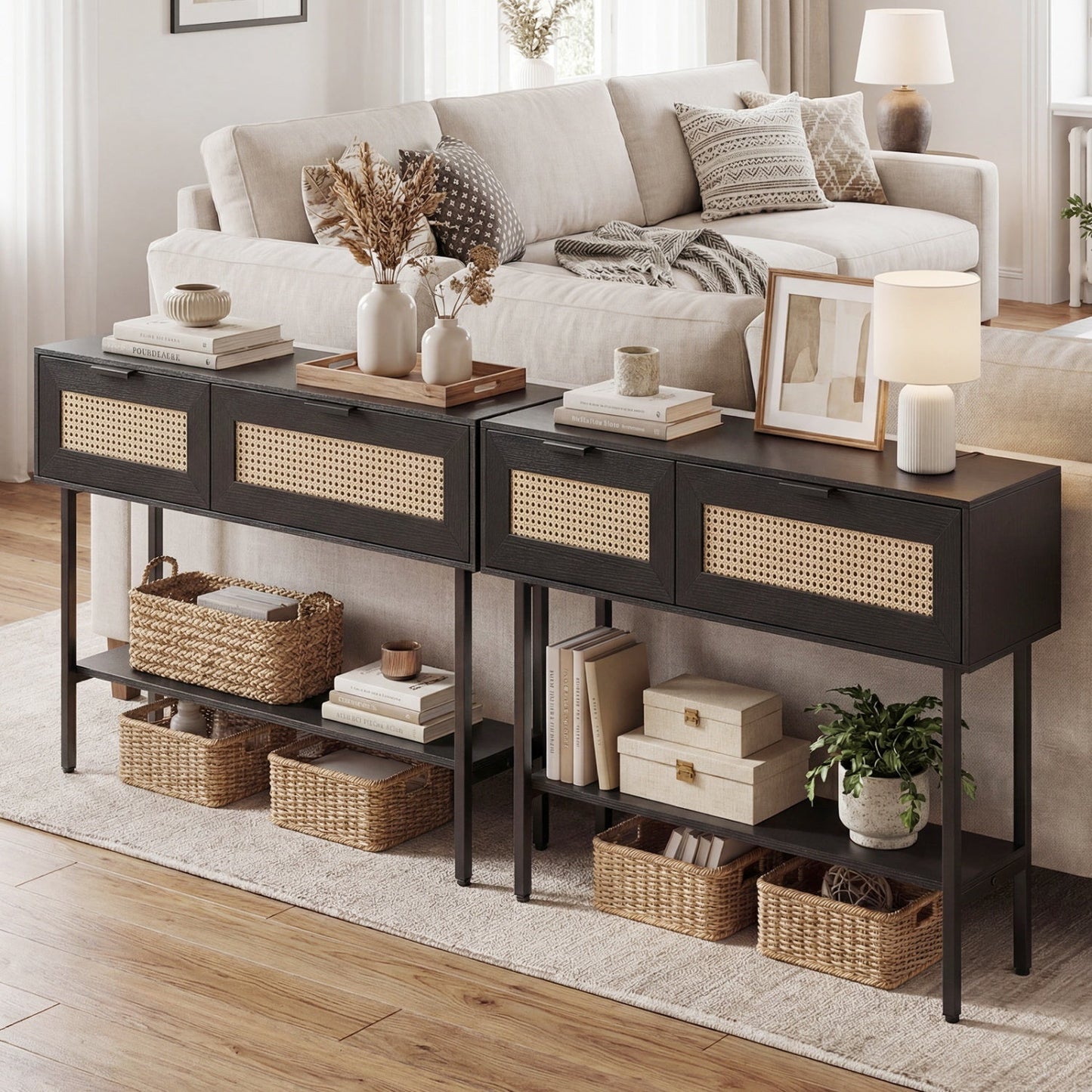 Rattan Console Table with 2 Storage Cabinets Shelf Carbon Steel Frame