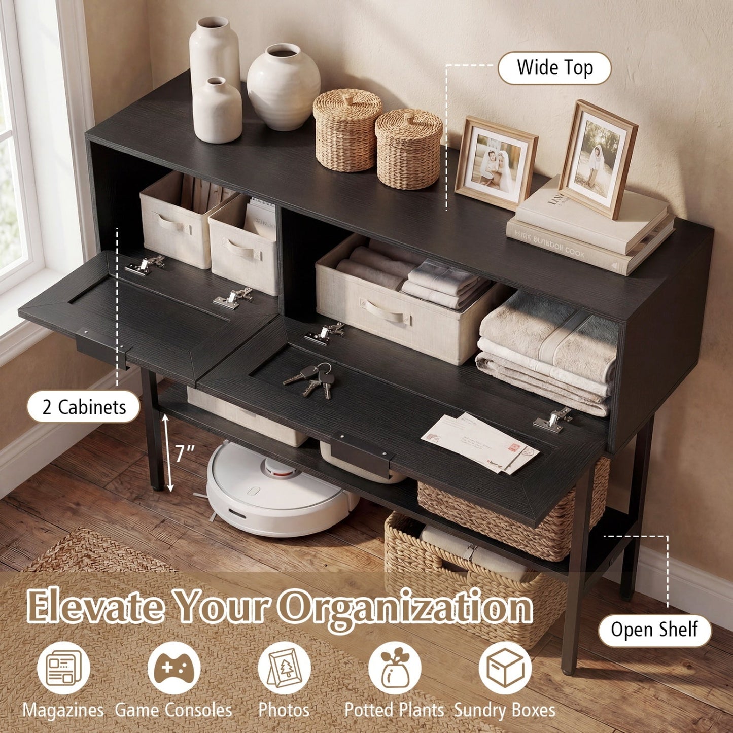 Rattan Console Table with 2 Storage Cabinets Shelf Carbon Steel Frame