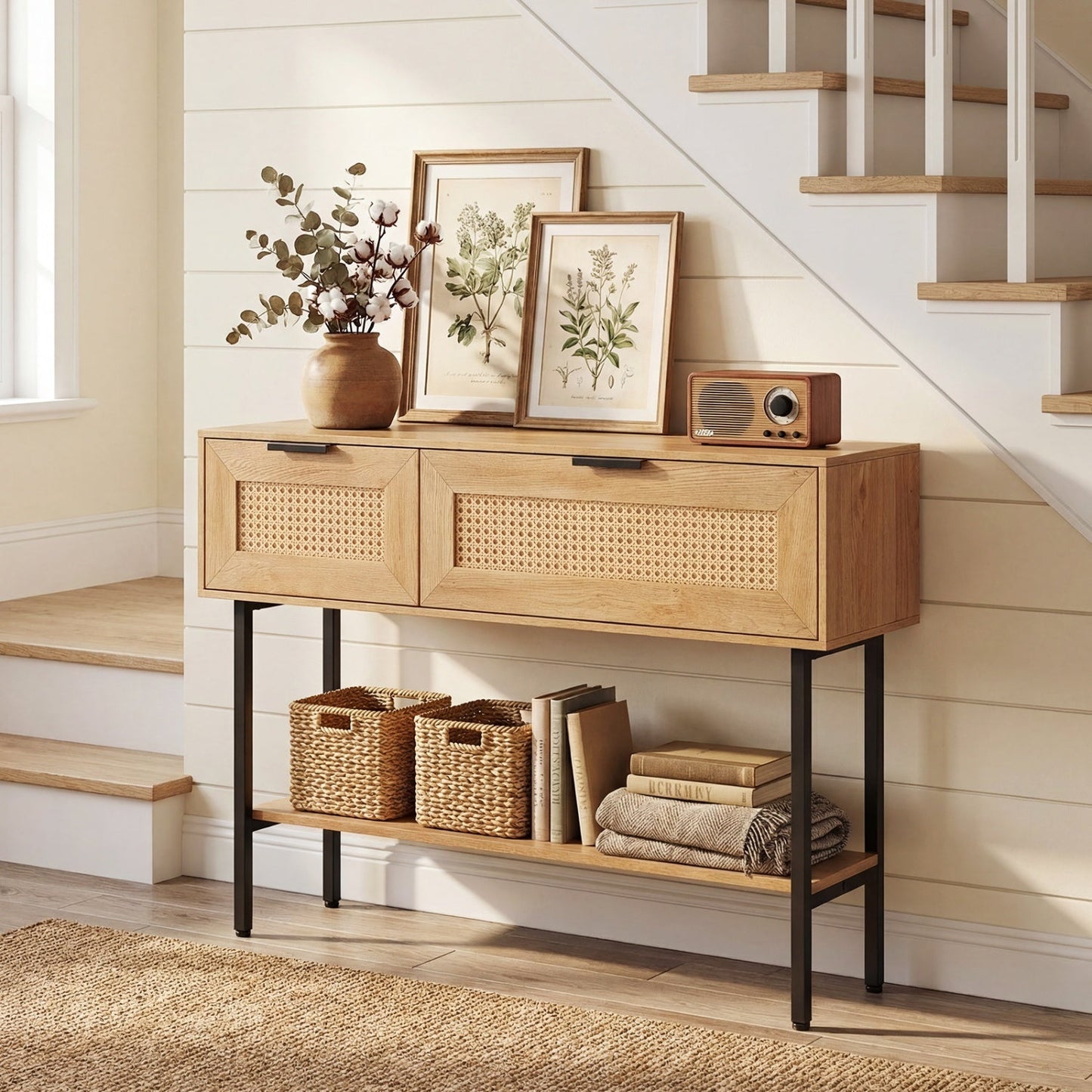 Rattan Console Table with 2 Storage Cabinets Shelf Carbon Steel Frame