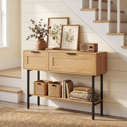 Rattan Console Table with 2 Storage Cabinets Shelf Carbon Steel Frame