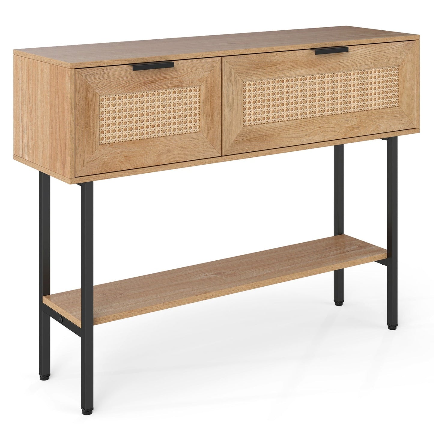 Rattan Console Table with 2 Storage Cabinets Shelf Carbon Steel Frame