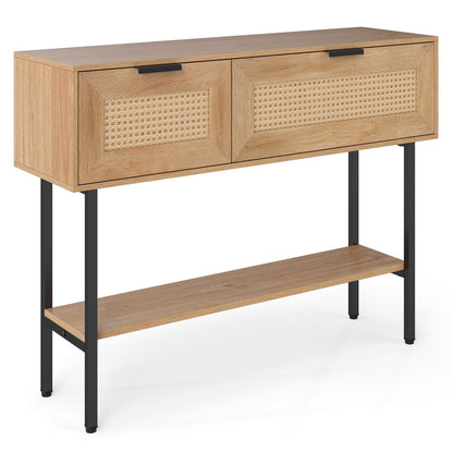 Rattan Console Table with 2 Storage Cabinets Shelf Carbon Steel Frame