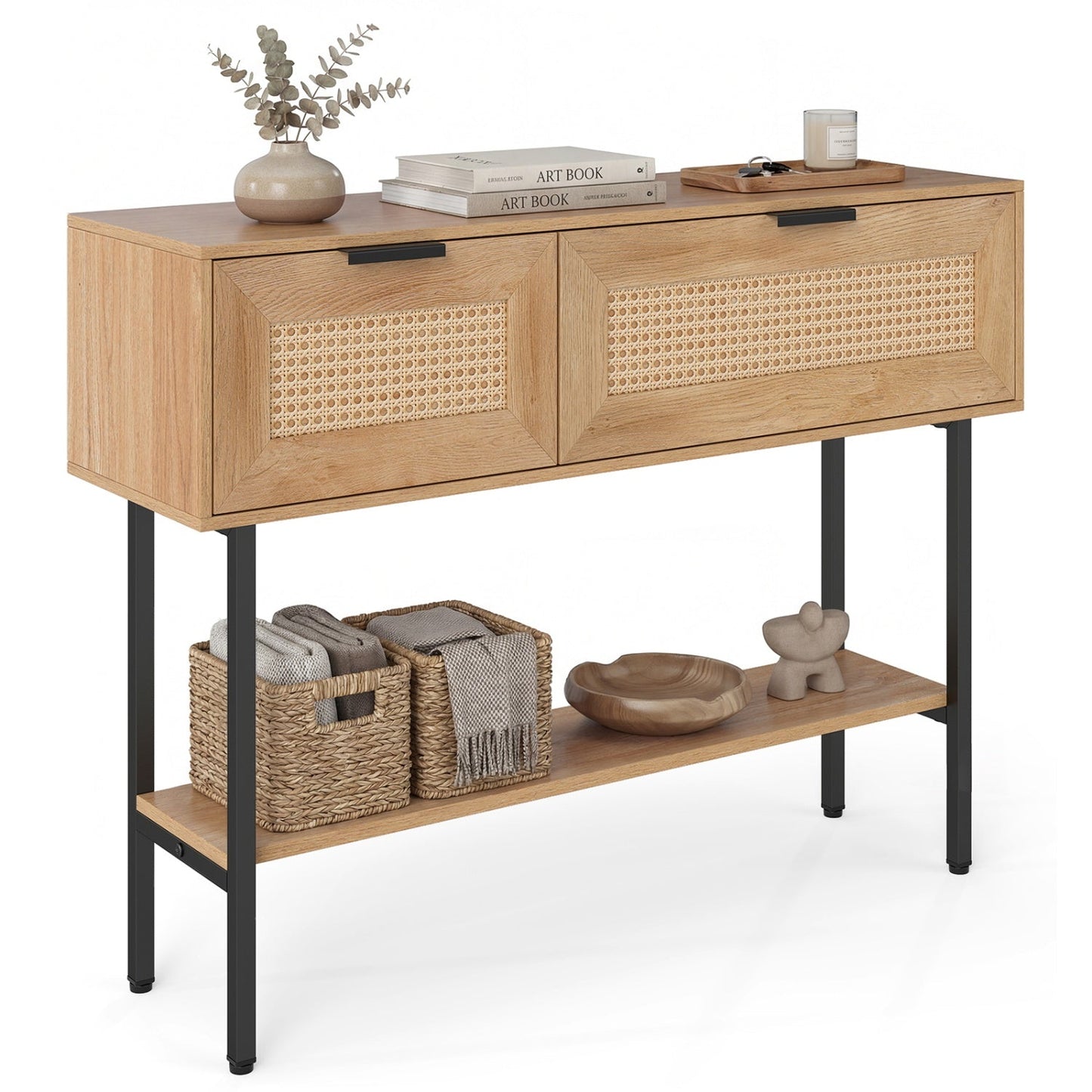 Rattan Console Table with 2 Storage Cabinets Shelf Carbon Steel Frame