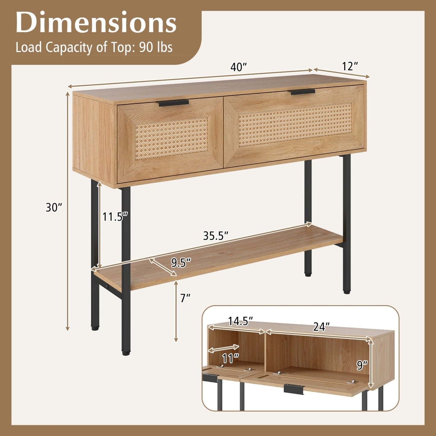 Rattan Console Table with 2 Storage Cabinets Shelf Carbon Steel Frame