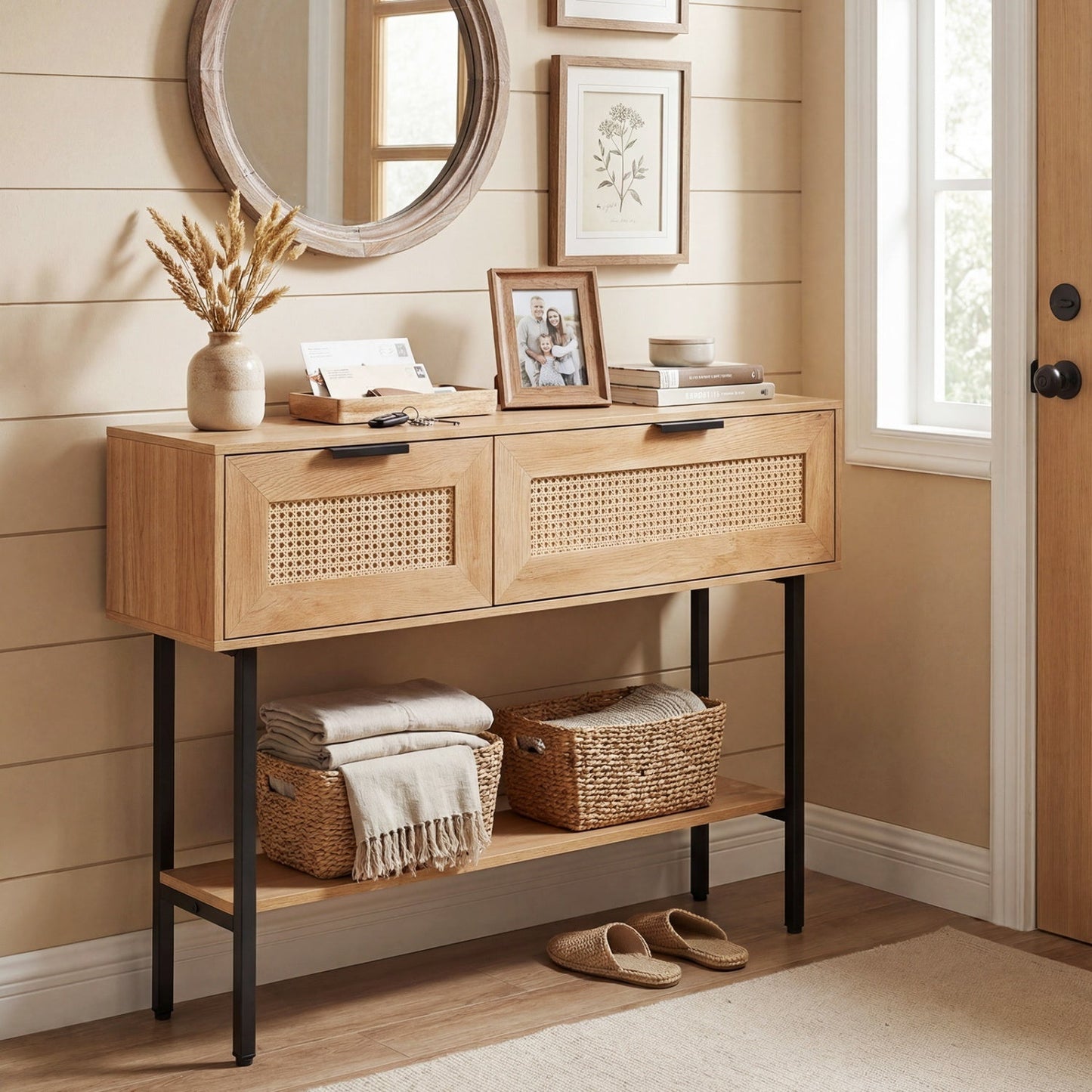 Rattan Console Table with 2 Storage Cabinets Shelf Carbon Steel Frame