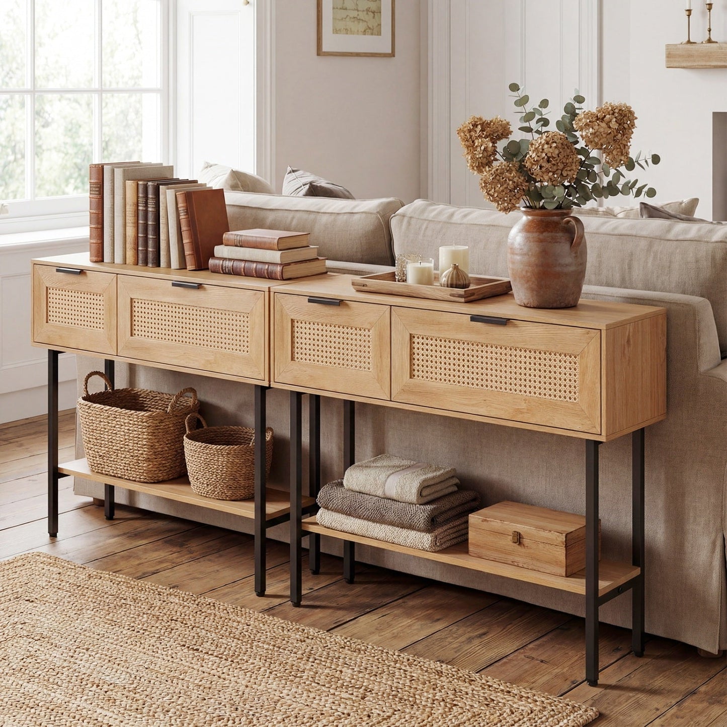 Rattan Console Table with 2 Storage Cabinets Shelf Carbon Steel Frame