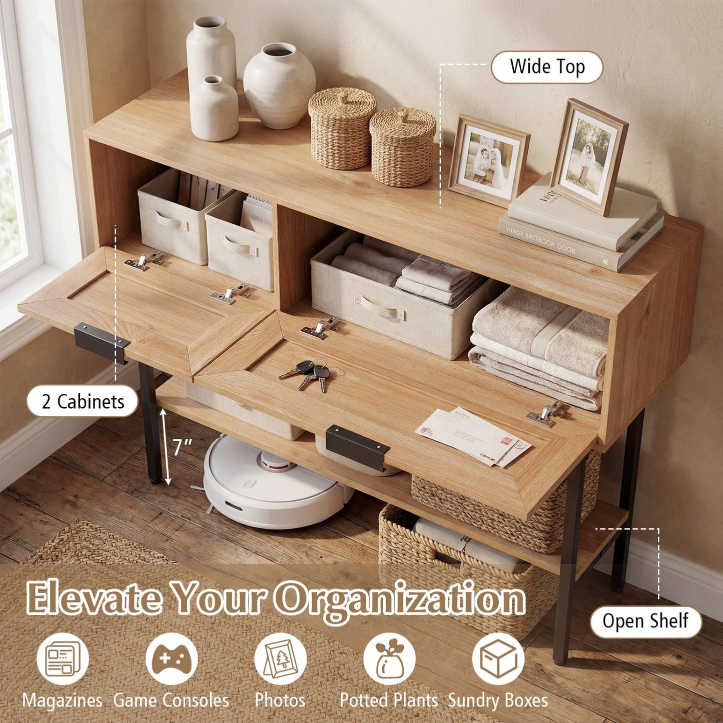 Rattan Console Table with 2 Storage Cabinets Shelf Carbon Steel Frame